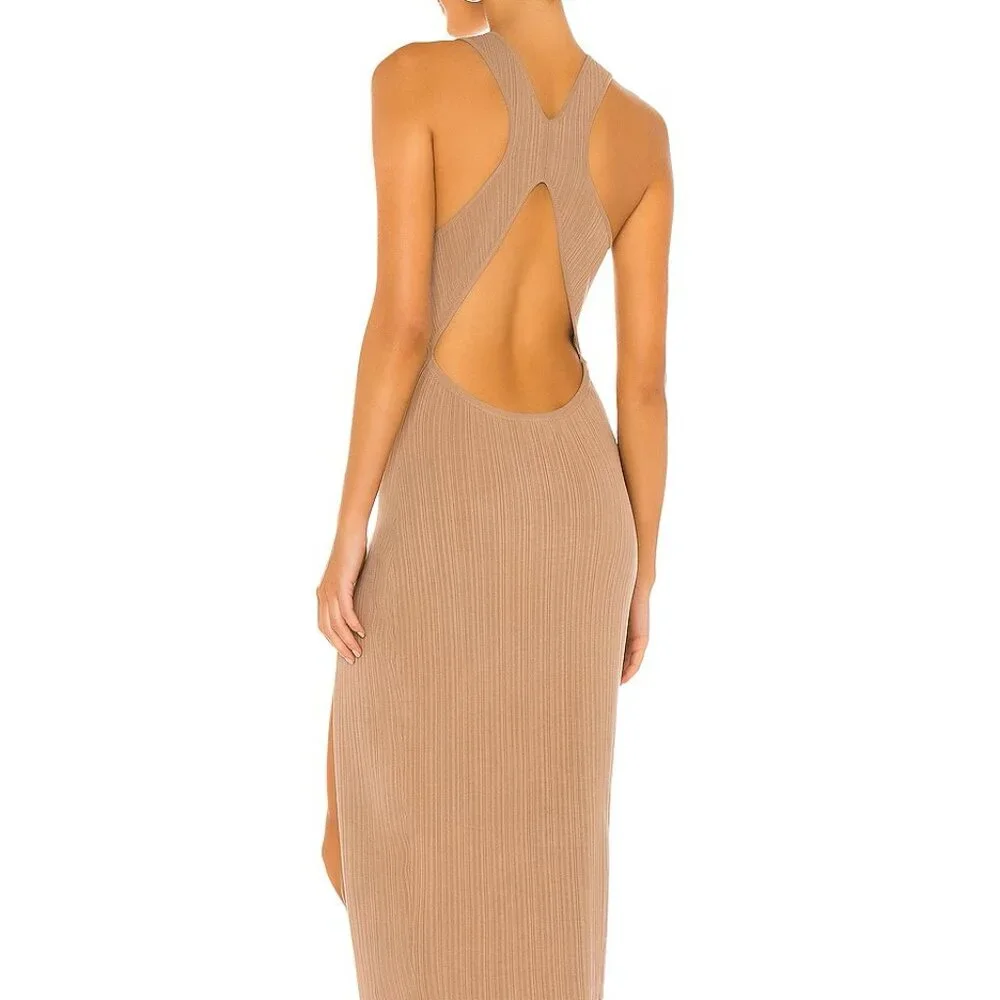 Ribbed V-Neck Tank Midi Dress with High Slit - Tan - Picture 2 of 5